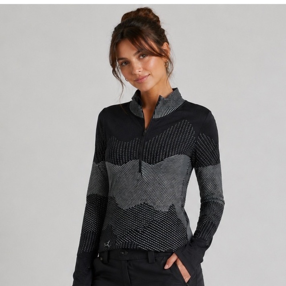 Krimson Klover Womens L/XL Black Grey Geometric Seamless 1/4 Zip Base Layer Top